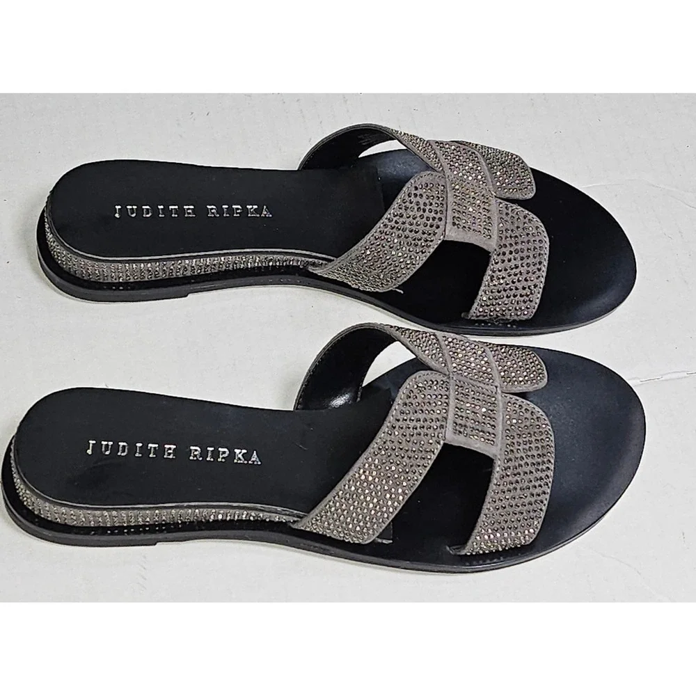 Judith‎ Ripka Sloane Pewter Rhinestone Embellished Slide Sandals A276371 Size 5M